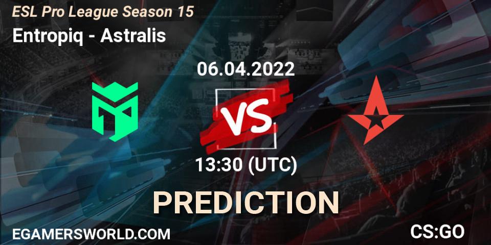Entropiq contre Astralis : prédiction de match. 06.04.2022 at 13:30. Counter-Strike (CS2), ESL Pro League Season 15