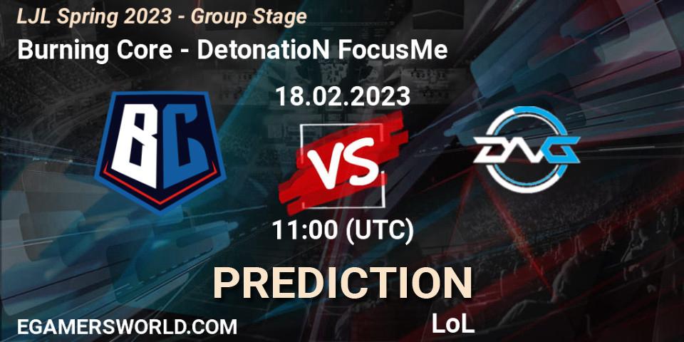 Burning Core contre DetonatioN FocusMe : prédiction de match. 18.02.2023 at 11:15. LoL, LJL Spring 2023 - Group Stage