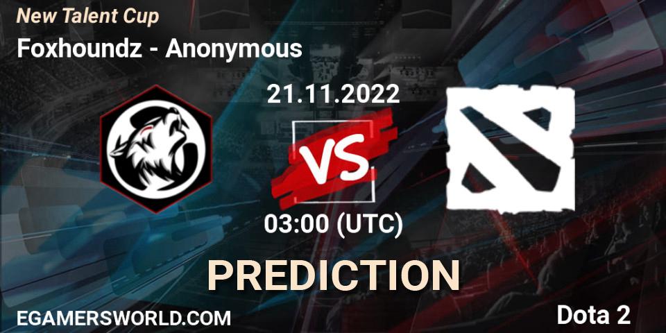 Foxhoundz contre Anonymous : prédiction de match. 21.11.2022 at 03:00. Dota 2, New Talent Cup