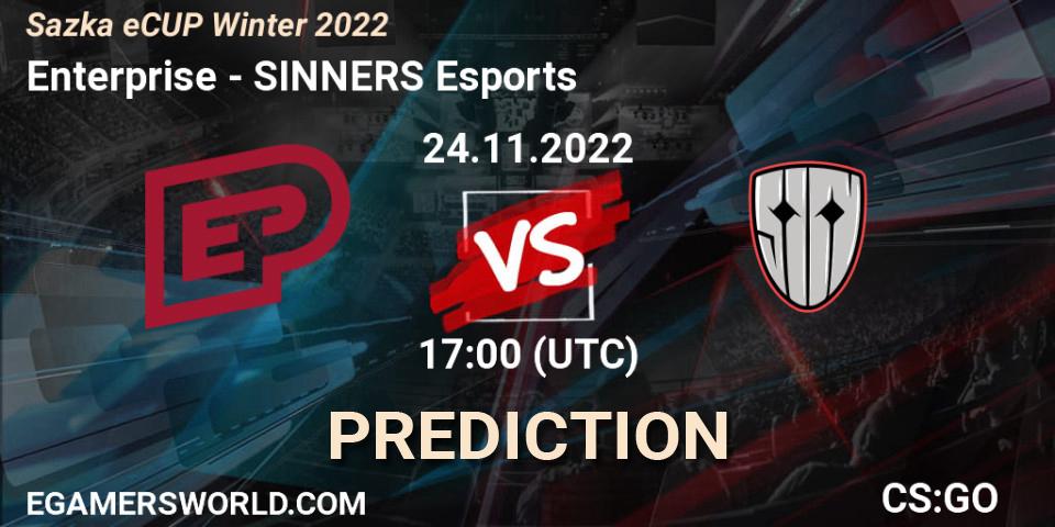 Enterprise contre SINNERS Esports : prédiction de match. 24.11.2022 at 17:00. Counter-Strike (CS2), Sazka eCUP Winter 2022