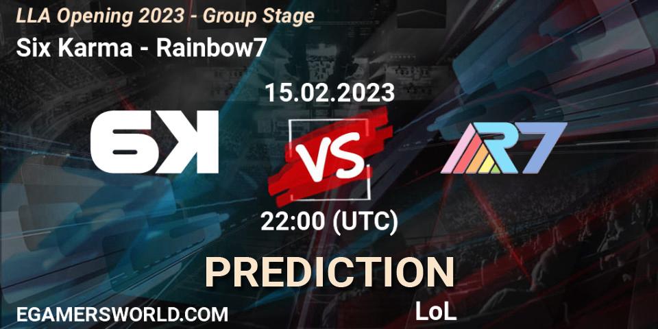 Six Karma contre Rainbow7 : prédiction de match. 15.02.2023 at 22:00. LoL, LLA Opening 2023 - Group Stage