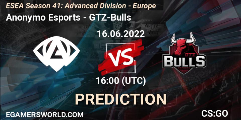 Anonymo Esports contre GTZ-Bulls : prédiction de match. 16.06.2022 at 16:00. Counter-Strike (CS2), ESEA Season 41: Advanced Division - Europe