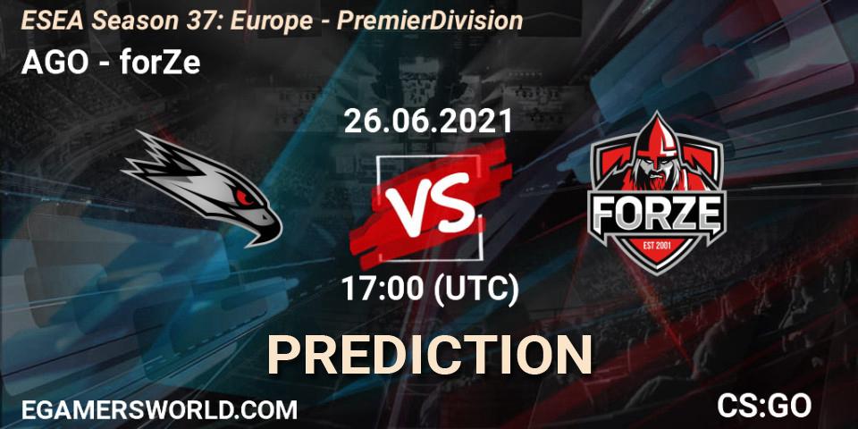 AGO contre forZe : prédiction de match. 26.06.2021 at 17:00. Counter-Strike (CS2), ESEA Season 37: Europe - Premier Division