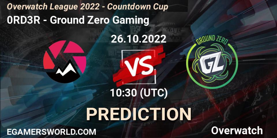 0RD3R contre Ground Zero Gaming : prédiction de match. 26.10.2022 at 10:14. Overwatch, Overwatch Contenders 2022 Shimada Showdown - Australia/New Zealand - October