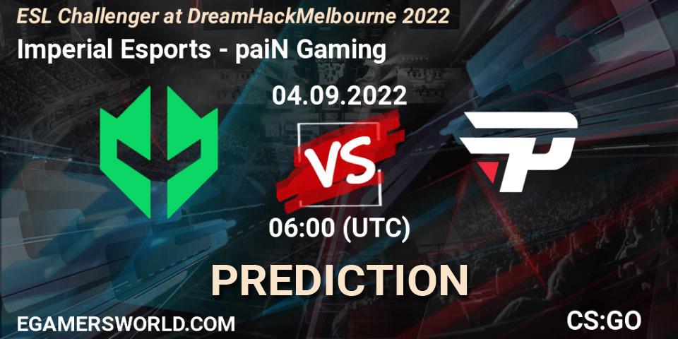 Imperial Esports contre paiN Gaming : prédiction de match. 04.09.2022 at 05:20. Counter-Strike (CS2), ESL Challenger at DreamHack Melbourne 2022