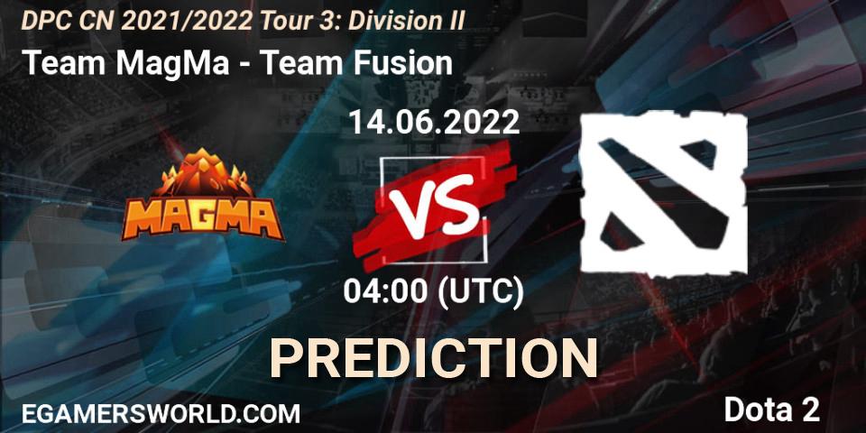 Team MagMa contre Team Fusion : prédiction de match. 14.06.2022 at 03:59. Dota 2, DPC CN 2021/2022 Tour 3: Division II