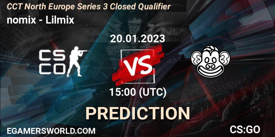 nomix contre Lilmix : prédiction de match. 20.01.2023 at 15:00. Counter-Strike (CS2), CCT North Europe Series 3 Closed Qualifier