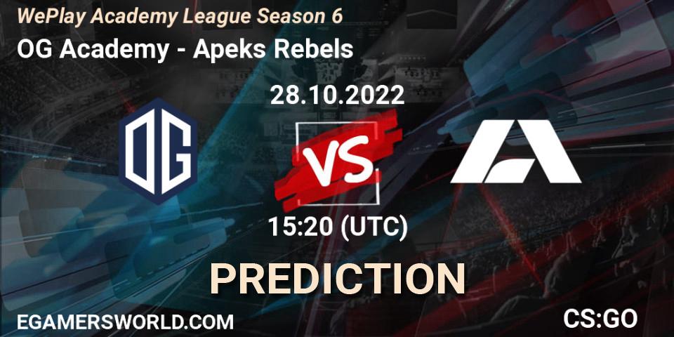 OG Academy contre Apeks Rebels : prédiction de match. 27.10.2022 at 16:30. Counter-Strike (CS2), WePlay Academy League Season 6