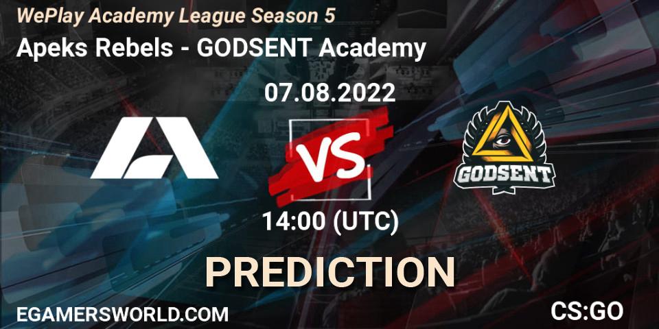 Apeks Rebels contre GODSENT Academy : prédiction de match. 26.07.2022 at 14:00. Counter-Strike (CS2), WePlay Academy League Season 5