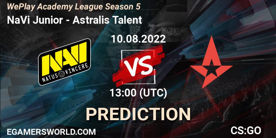 NaVi Junior contre Astralis Talent : prédiction de match. 10.08.2022 at 13:00. Counter-Strike (CS2), WePlay Academy League Season 5