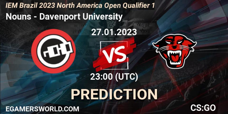 Nouns contre Davenport University : prédiction de match. 27.01.2023 at 23:00. Counter-Strike (CS2), IEM Brazil Rio 2023 North America Open Qualifier 1