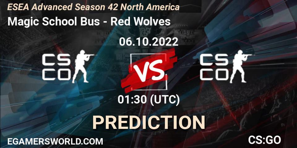 Magic School Bus contre Red Wolves : prédiction de match. 06.10.2022 at 01:00. Counter-Strike (CS2), ESEA Advanced Season 42 North America