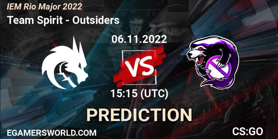 Team Spirit contre Outsiders : prédiction de match. 06.11.2022 at 15:40. Counter-Strike (CS2), IEM Rio Major 2022