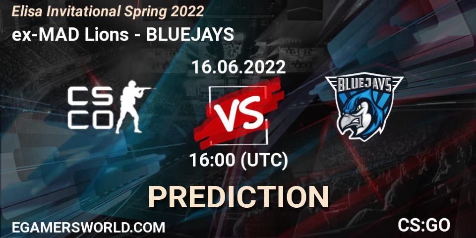 ex-MAD Lions contre BLUEJAYS : prédiction de match. 16.06.2022 at 16:00. Counter-Strike (CS2), Elisa Invitational Spring 2022