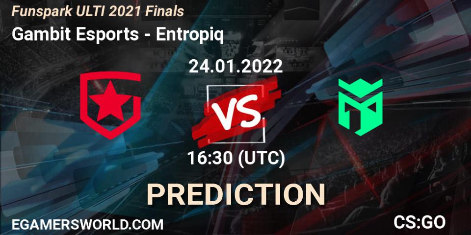 Gambit Esports contre Entropiq : prédiction de match. 24.01.2022 at 16:30. Counter-Strike (CS2), Funspark ULTI 2021 Finals