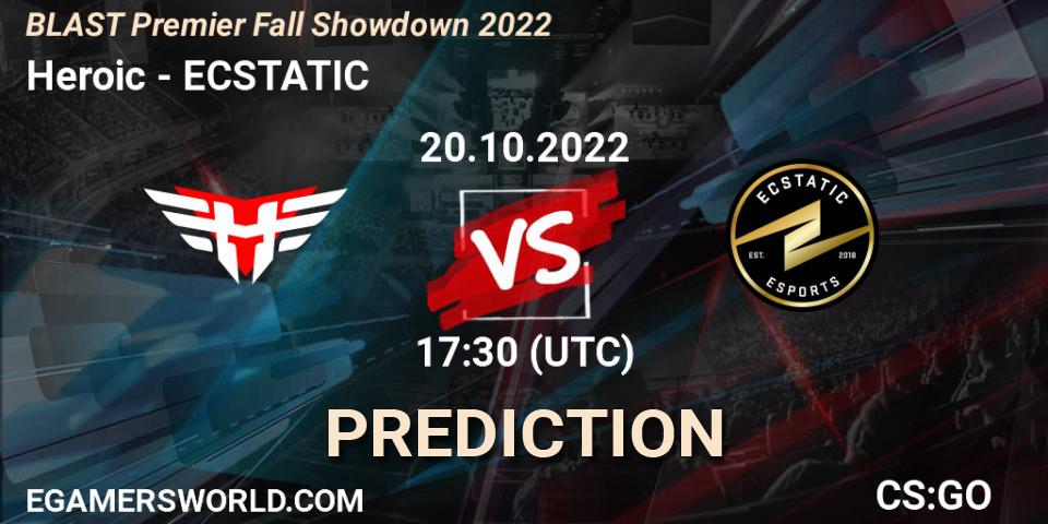 Heroic contre ECSTATIC : prédiction de match. 20.10.2022 at 18:40. Counter-Strike (CS2), BLAST Premier Fall Showdown 2022 Europe