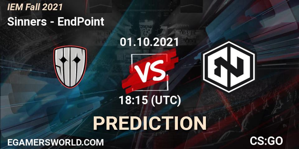 Sinners contre EndPoint : prédiction de match. 01.10.2021 at 18:15. Counter-Strike (CS2), IEM Fall 2021: Europe RMR