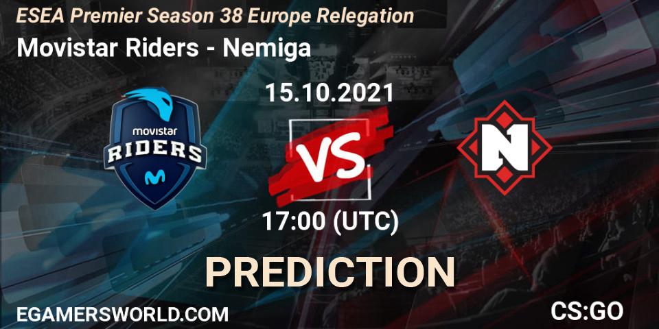 Movistar Riders contre Nemiga : prédiction de match. 15.10.2021 at 17:00. Counter-Strike (CS2), ESEA Premier Season 38 Europe Relegation