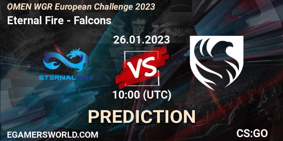Eternal Fire contre Falcons : prédiction de match. 26.01.2023 at 10:00. Counter-Strike (CS2), OMEN WGR European Challenge 2023