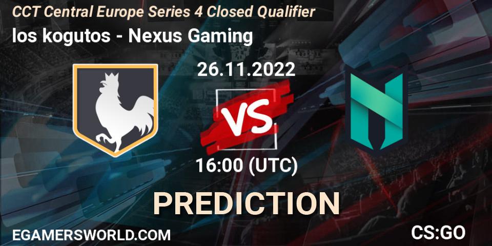 los kogutos contre Nexus Gaming : prédiction de match. 26.11.2022 at 17:00. Counter-Strike (CS2), CCT Central Europe Series 4 Closed Qualifier