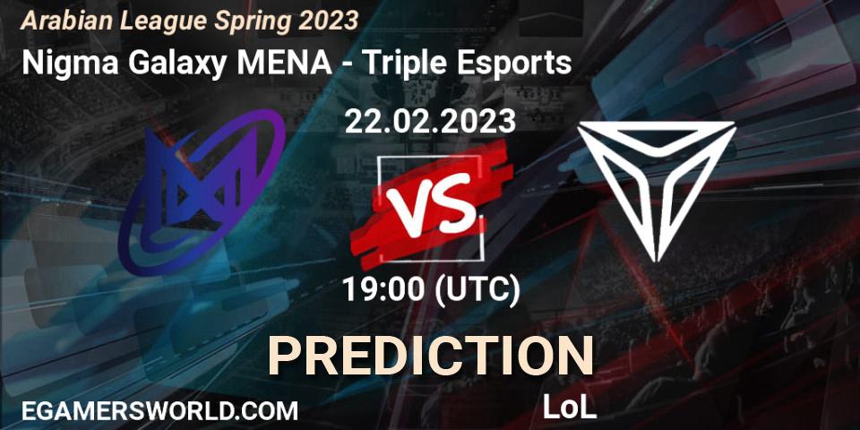 Nigma Galaxy MENA contre Triple Esports : prédiction de match. 22.02.2023 at 19:00. LoL, Arabian League Spring 2023