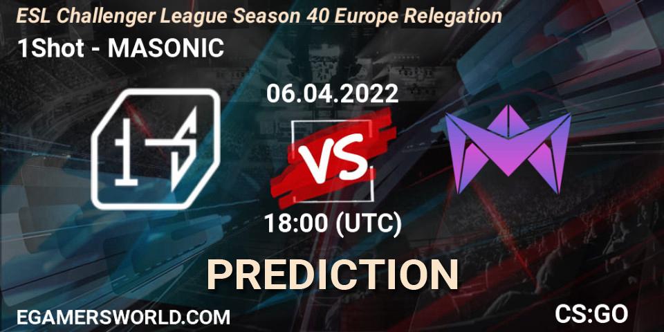 1Shot contre MASONIC : prédiction de match. 06.04.2022 at 19:00. Counter-Strike (CS2), ESL Challenger League Season 40 Europe Relegation