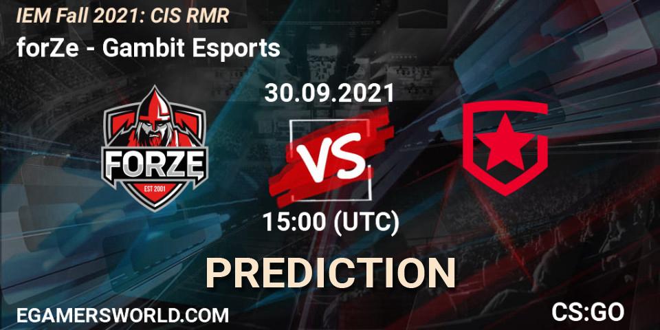 forZe contre Gambit Esports : prédiction de match. 30.09.2021 at 16:15. Counter-Strike (CS2), IEM Fall 2021: CIS RMR