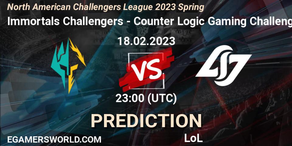 Immortals Challengers contre Counter Logic Gaming Challengers : prédiction de match. 18.02.23. LoL, NACL 2023 Spring - Group Stage