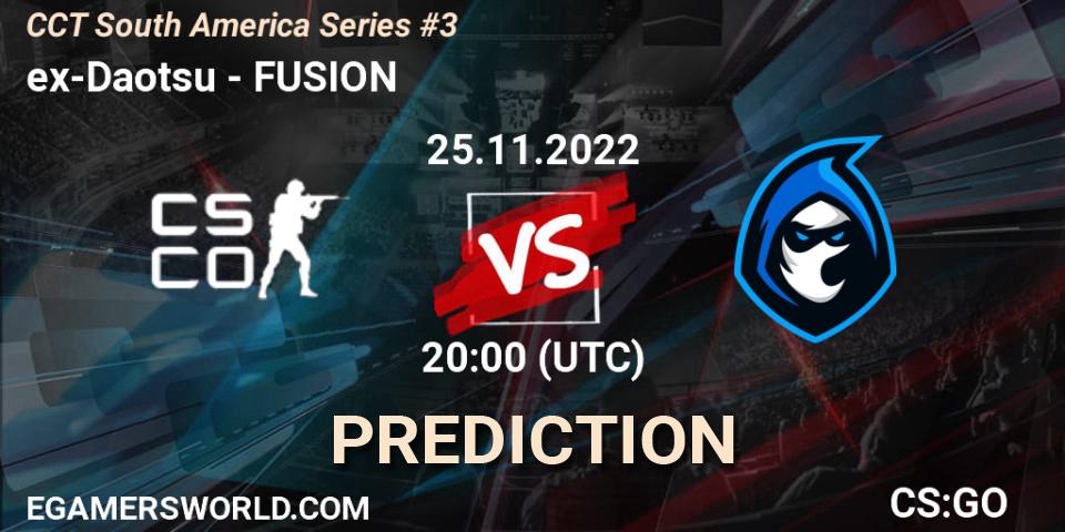 ex-Daotsu contre FUSION : prédiction de match. 25.11.2022 at 20:15. Counter-Strike (CS2), CCT South America Series #3