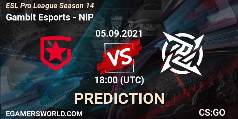 Gambit Esports contre NiP : prédiction de match. 05.09.2021 at 18:00. Counter-Strike (CS2), ESL Pro League Season 14