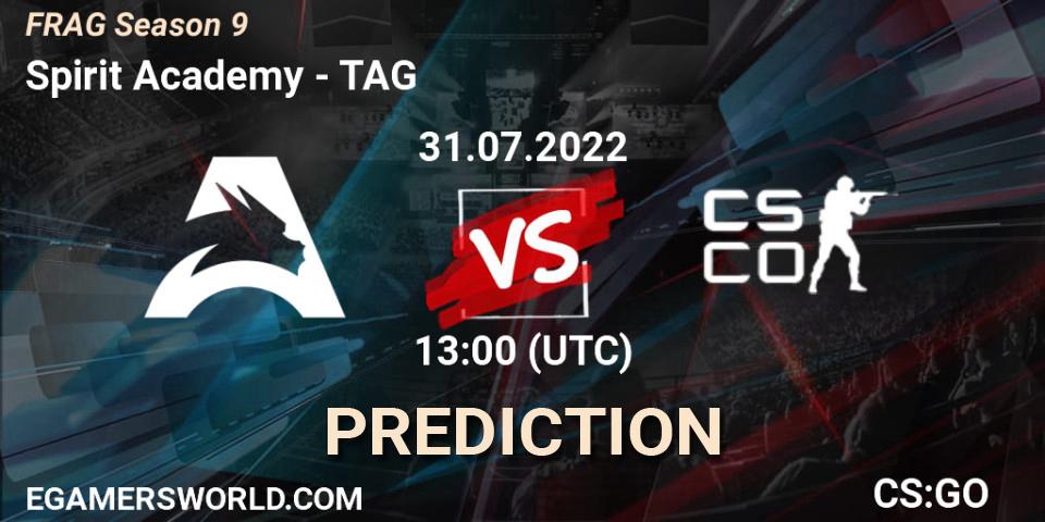 Spirit Academy contre TAG : prédiction de match. 31.07.2022 at 12:00. Counter-Strike (CS2), FRAG Season 9