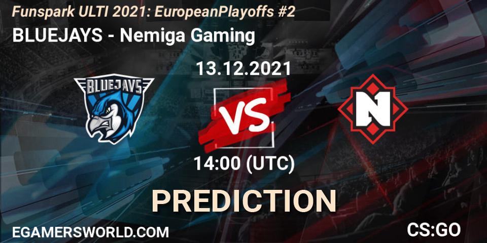 BLUEJAYS contre Nemiga Gaming : prédiction de match. 13.12.2021 at 14:00. Counter-Strike (CS2), Funspark ULTI 2021: European Playoffs #2
