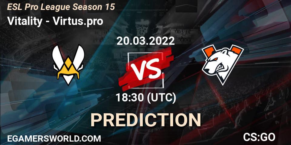 Vitality contre Outsiders : prédiction de match. 20.03.2022 at 19:00. Counter-Strike (CS2), ESL Pro League Season 15