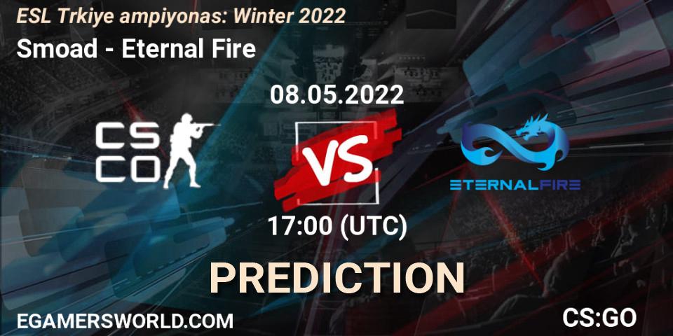 Smoad contre Eternal Fire : prédiction de match. 08.05.2022 at 17:00. Counter-Strike (CS2), ESL Türkiye Şampiyonası: Winter 2022