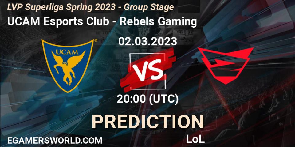 UCAM Esports Club contre Rebels Gaming : prédiction de match. 02.03.2023 at 19:00. LoL, LVP Superliga Spring 2023 - Group Stage