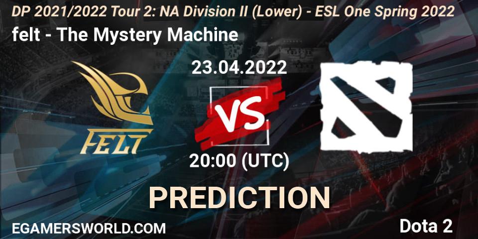 felt contre The Mystery Machine : prédiction de match. 23.04.2022 at 22:51. Dota 2, DP 2021/2022 Tour 2: NA Division II (Lower) - ESL One Spring 2022