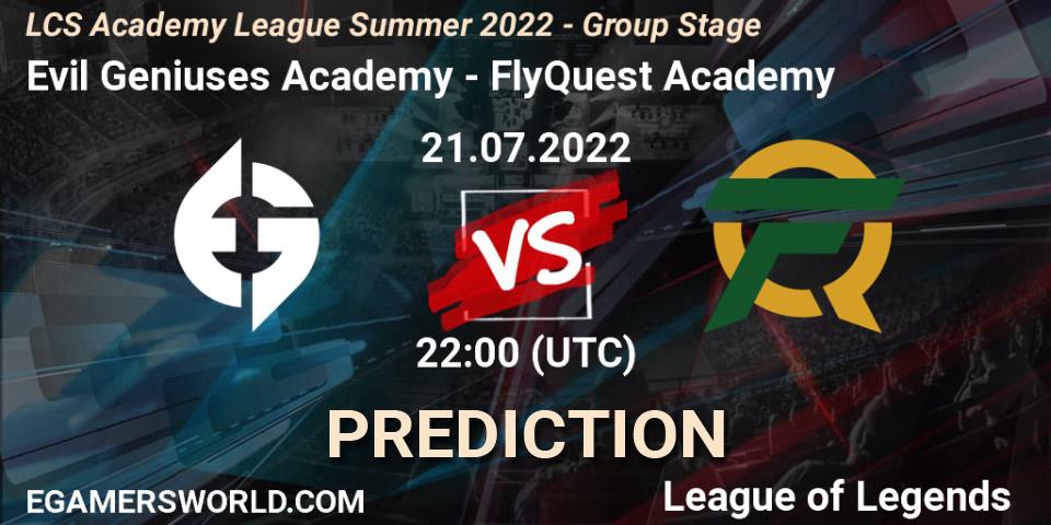 Evil Geniuses Academy contre FlyQuest Academy : prédiction de match. 21.07.2022 at 22:00. LoL, LCS Academy League Summer 2022 - Group Stage