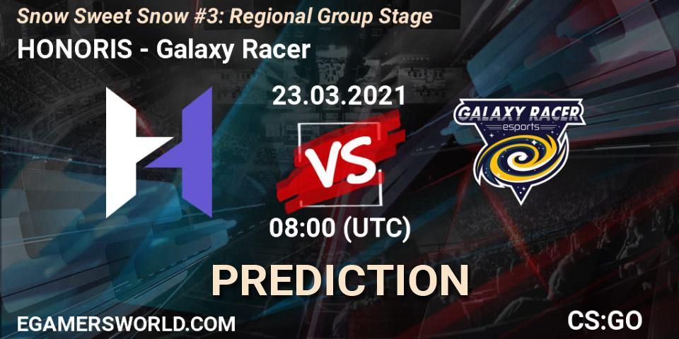 HONORIS contre Galaxy Racer : prédiction de match. 23.03.2021 at 08:00. Counter-Strike (CS2), Snow Sweet Snow #3: Regional Group Stage