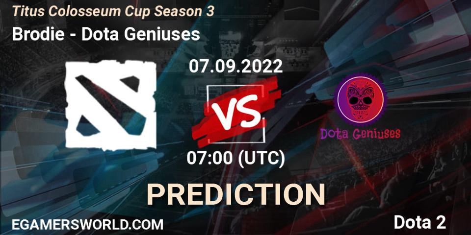Brodie contre Dota Geniuses : prédiction de match. 07.09.2022 at 07:07. Dota 2, Titus Colosseum Cup Season 3