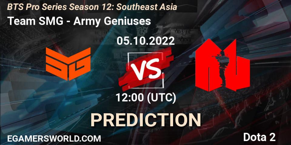 Team SMG contre Army Geniuses : prédiction de match. 05.10.2022 at 11:30. Dota 2, BTS Pro Series Season 12: Southeast Asia