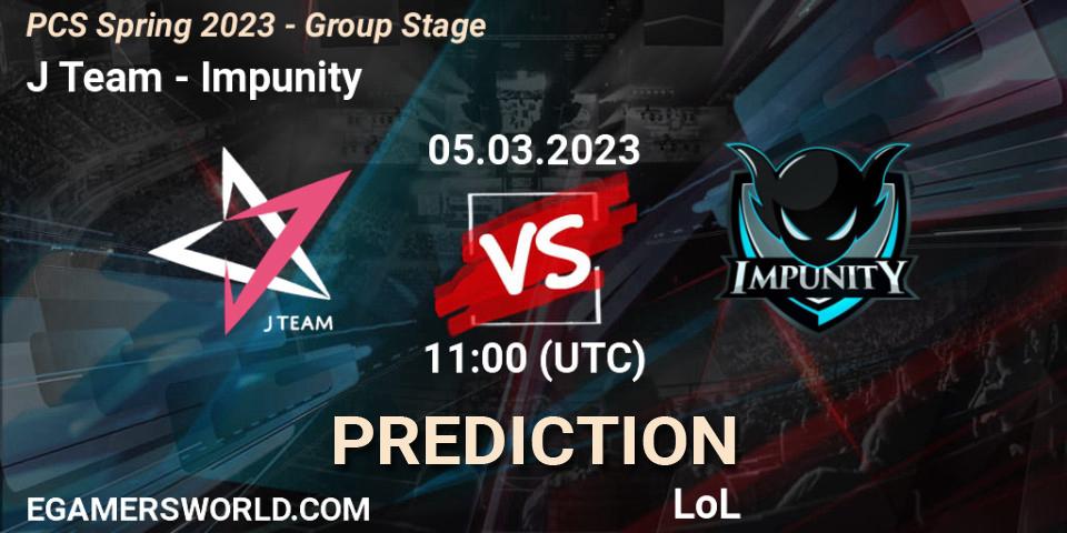 J Team contre Impunity : prédiction de match. 17.02.2023 at 13:05. LoL, PCS Spring 2023 - Group Stage