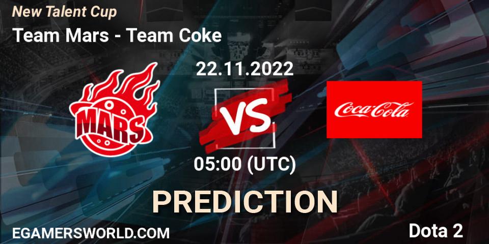 Team Mars contre Team Coke : prédiction de match. 22.11.2022 at 07:23. Dota 2, New Talent Cup
