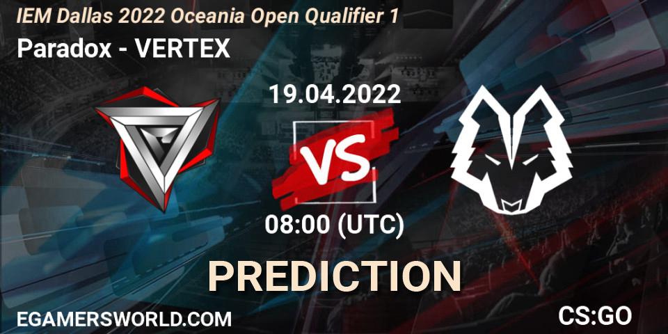 Paradox contre VERTEX : prédiction de match. 19.04.22. CS2 (CS:GO), IEM Dallas 2022 Oceania Open Qualifier 1