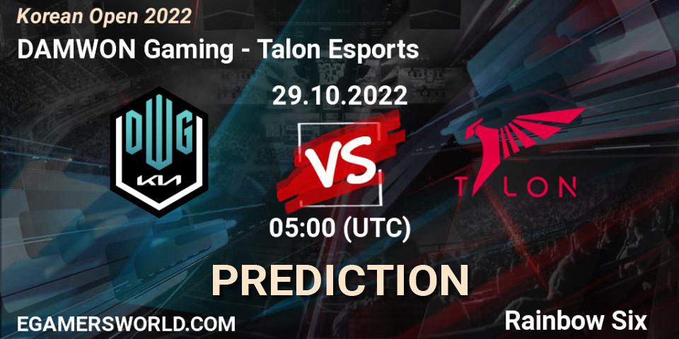 DAMWON Gaming contre Talon Esports : prédiction de match. 29.10.2022 at 05:00. Rainbow Six, Korean Open 2022