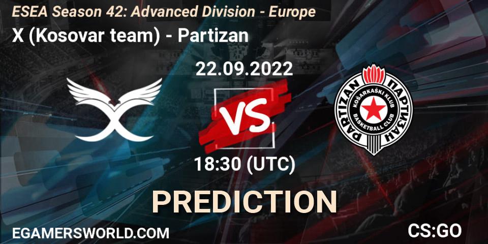 X (Kosovar team) contre Partizan : prédiction de match. 22.09.2022 at 16:00. Counter-Strike (CS2), ESEA Season 42: Advanced Division - Europe