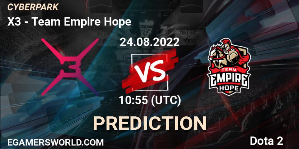 X3 contre Team Empire Hope : prédiction de match. 24.08.2022 at 10:55. Dota 2, CYBERPARK