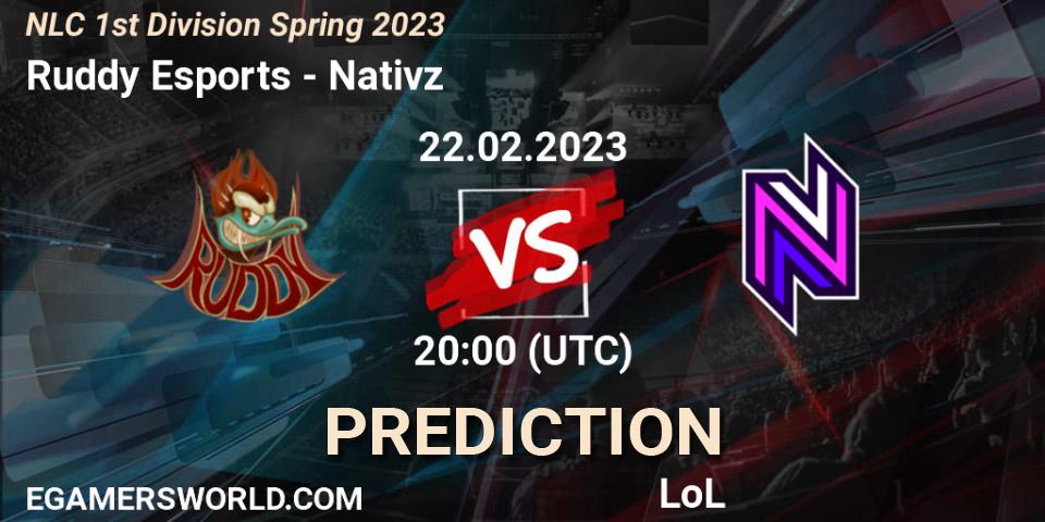 Ruddy Esports contre Nativz : prédiction de match. 22.02.2023 at 20:00. LoL, NLC 1st Division Spring 2023