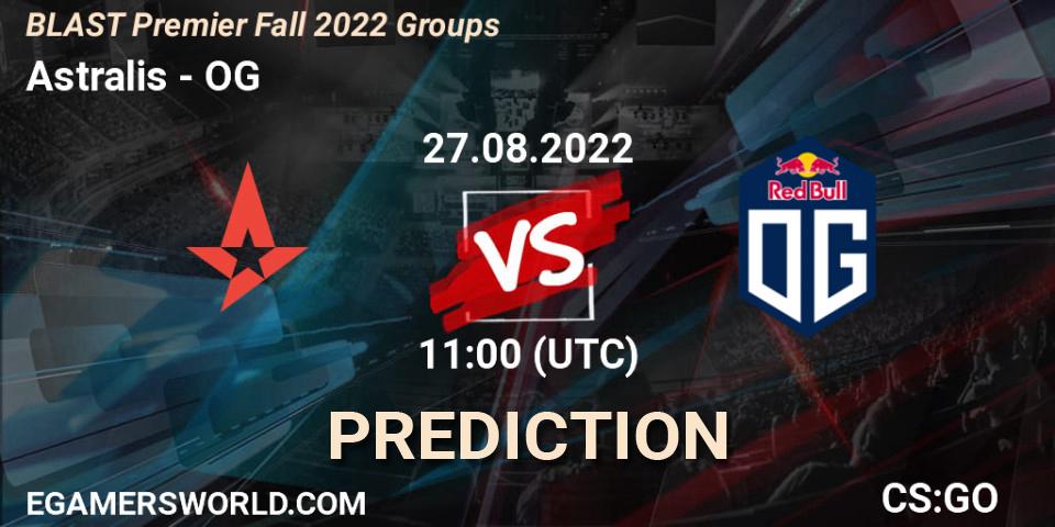Astralis contre OG : prédiction de match. 27.08.2022 at 11:00. Counter-Strike (CS2), BLAST Premier Fall 2022 Groups