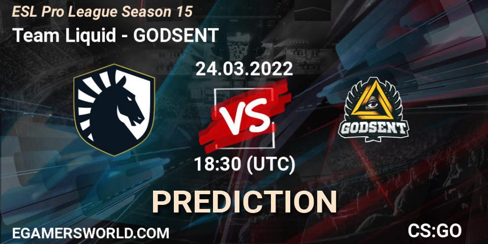 Team Liquid contre GODSENT : prédiction de match. 24.03.2022 at 18:30. Counter-Strike (CS2), ESL Pro League Season 15