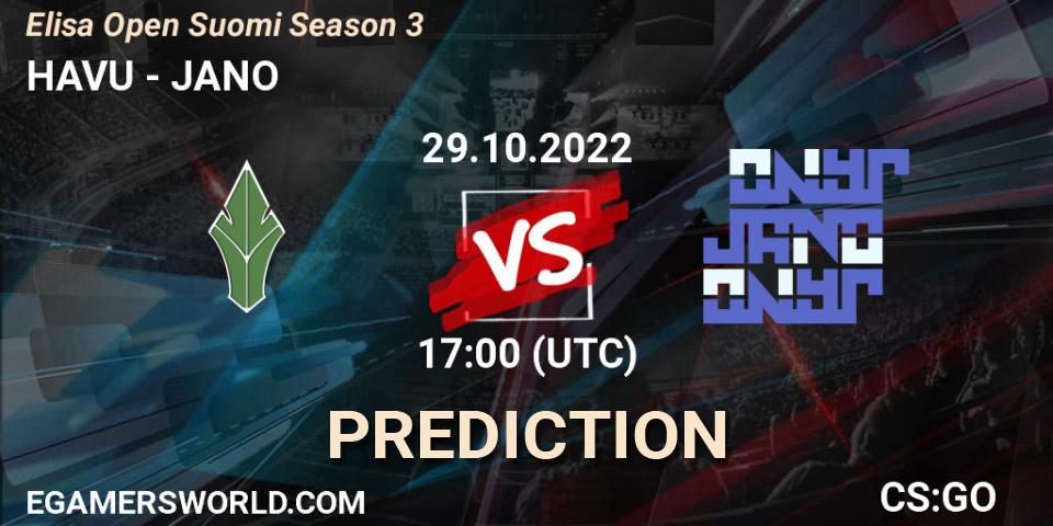 HAVU contre JANO : prédiction de match. 29.10.2022 at 17:00. Counter-Strike (CS2), Elisa Open Suomi Season 3